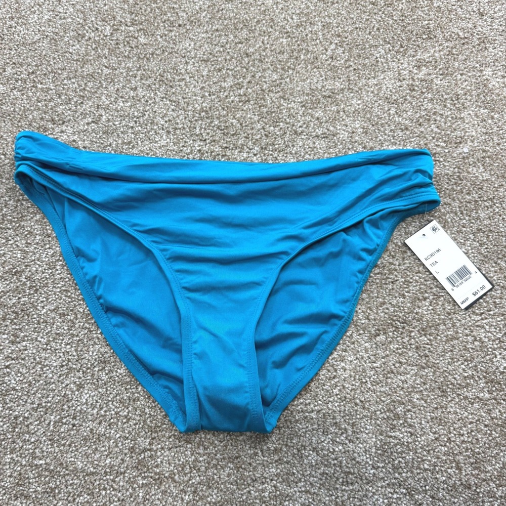 Kenneth Cole New York Teal Blue Ruched Hipster Bikini Bottom KC9D196 Large NWT